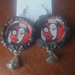 Hand Crafted Evil Queen Red and Black Illustrated Medallion Drop Earrings